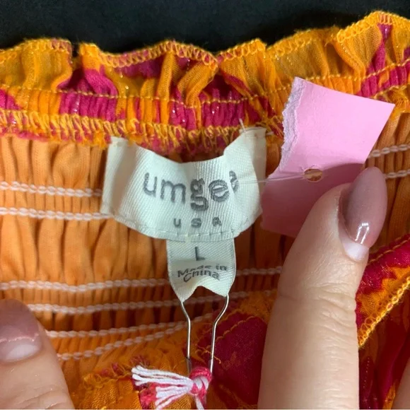 NWT Umgee Vibrant Orange and Pink Floral Smocked Tiered Dress, size L - Picture 2 of 10